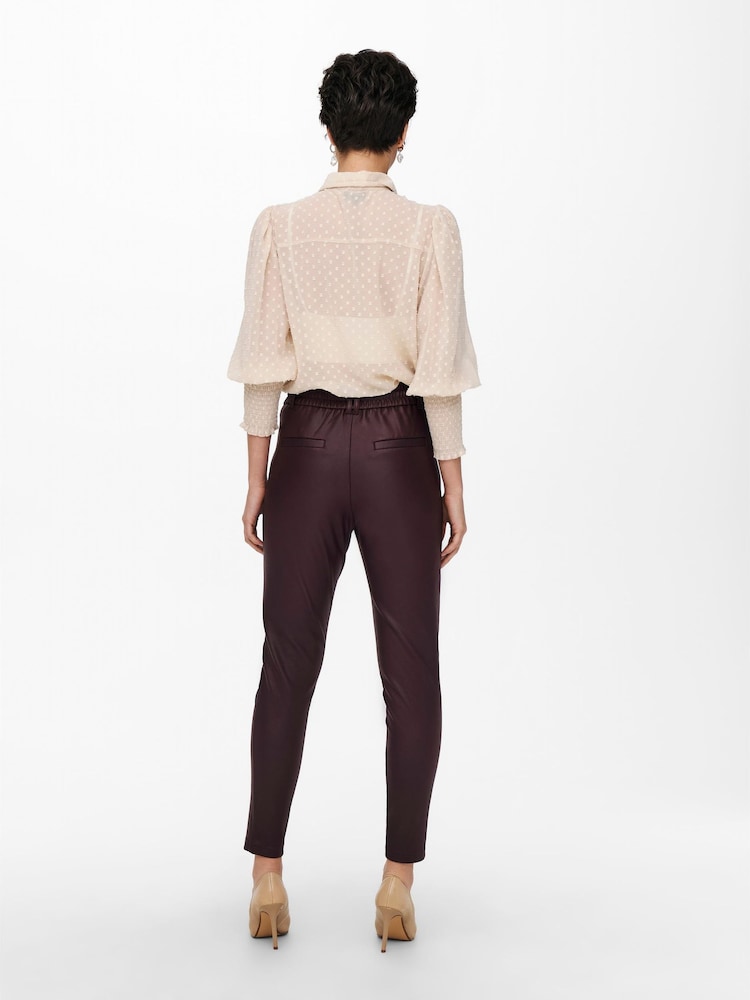 ONLY Burgundy High Waisted Tie Waist Coated Faux Leather Trousers - Image 2 of 6 ONLY Burgundy High Waisted Tie Waist Coated Faux Leather Trousers - Image 2 of 6