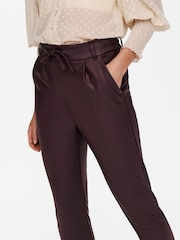ONLY Burgundy High Waisted Tie Waist Coated Faux Leather Trousers - Image 4 of 6