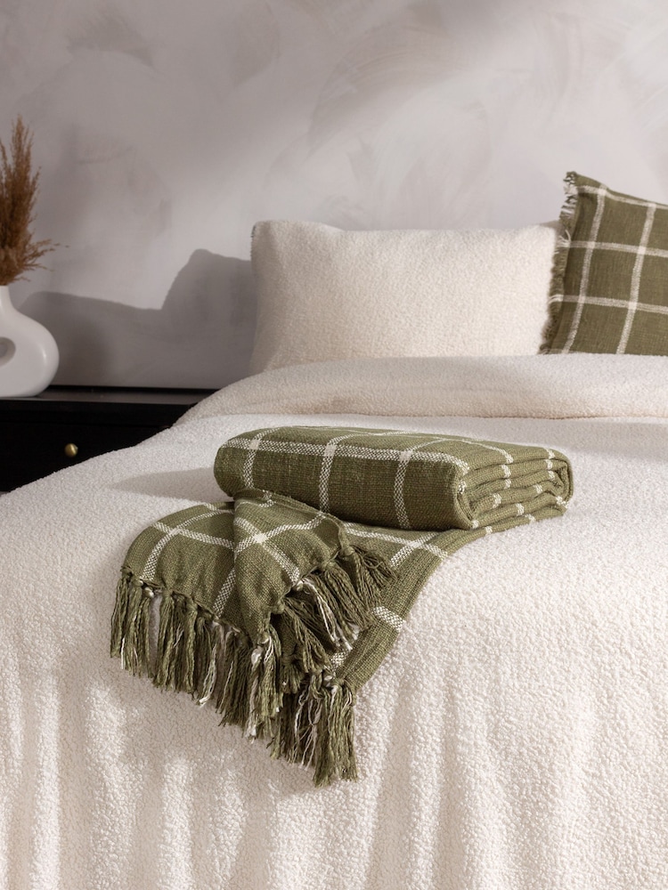 Yard Moss Green Beni Check Fringed 100% Cotton Throw - Image 1 of 4 Yard Moss Green Beni Check Fringed 100% Cotton Throw - Image 1 of 4
