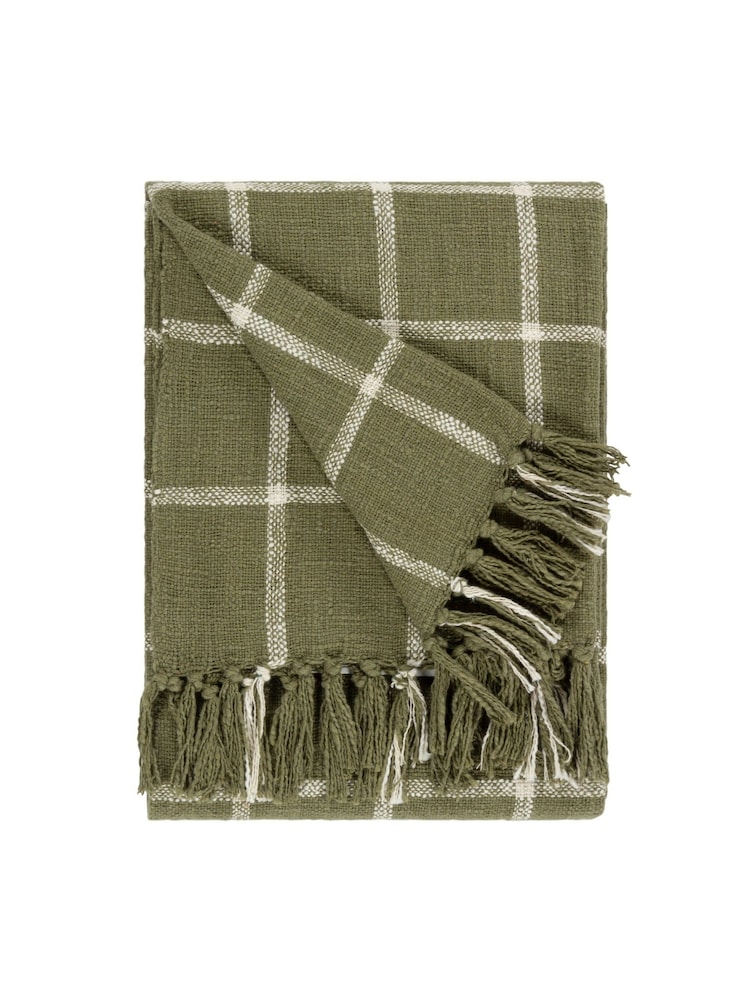 Yard Moss Green Beni Check Fringed 100% Cotton Throw - Image 2 of 4 Yard Moss Green Beni Check Fringed 100% Cotton Throw - Image 2 of 4