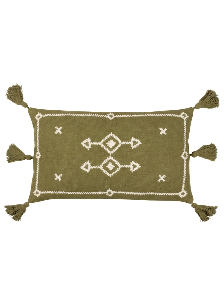 Yard Khaki Green Folis Embroidered Feather Filled 100% Cotton Cushion - Image 3 of 7