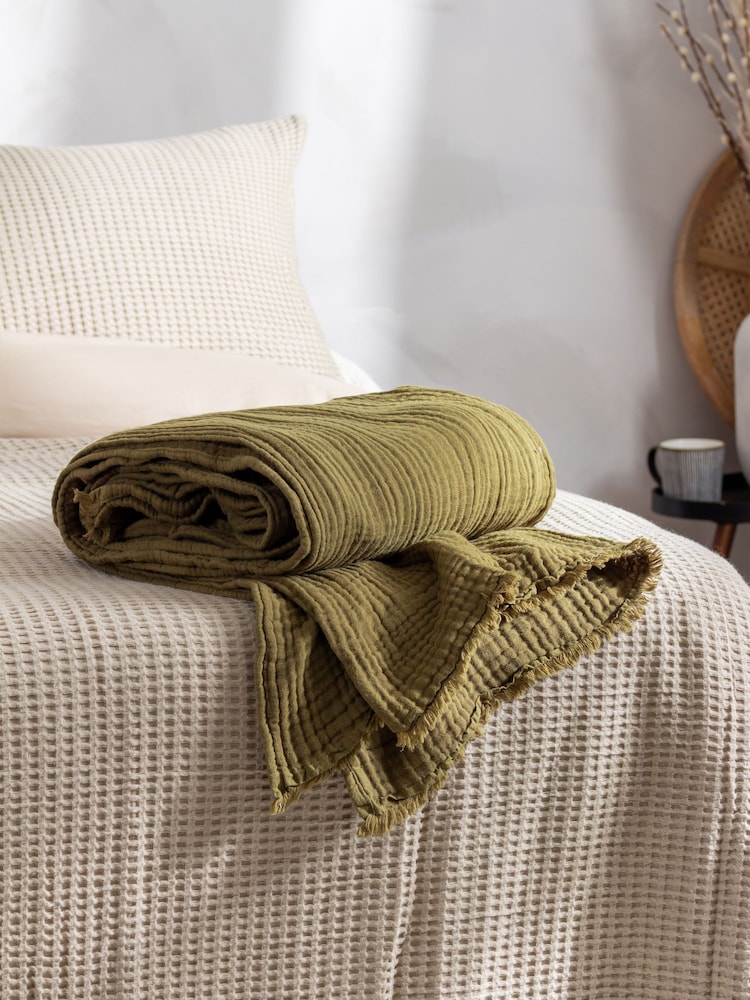 Yard Khaki Green Lark 4 Layer Muslin Crinkle 100% Cotton Throw - Image 1 of 6 Yard Khaki Green Lark 4 Layer Muslin Crinkle 100% Cotton Throw - Image 1 of 6