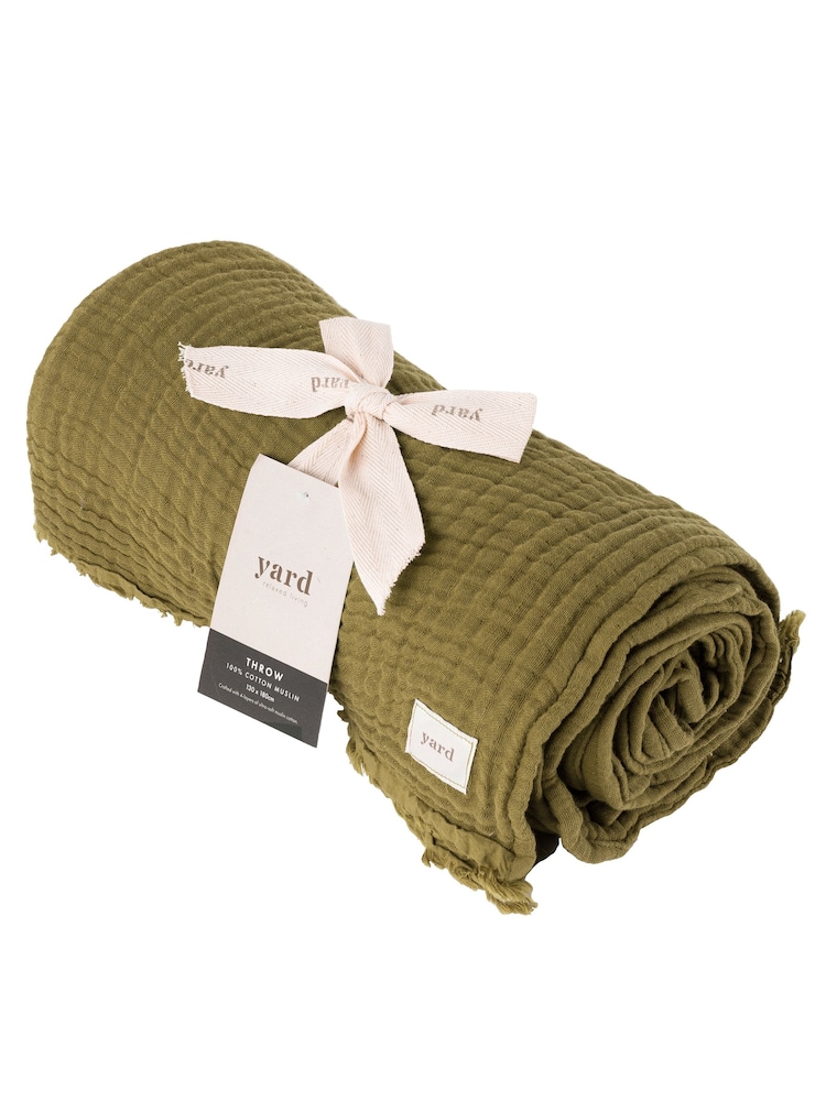 Yard Khaki Green Lark 4 Layer Muslin Crinkle 100% Cotton Throw - Image 2 of 6 Yard Khaki Green Lark 4 Layer Muslin Crinkle 100% Cotton Throw - Image 2 of 6