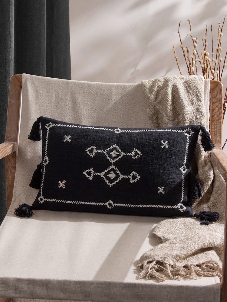 Yard Black Folis Embroidered Feather Filled 100% Cotton Cushion - Image 1 of 7