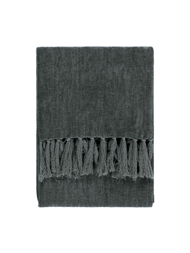 Yard Dusk Blue Harri Herringbone Fringed 100% Cotton Throw - Image 3 of 4