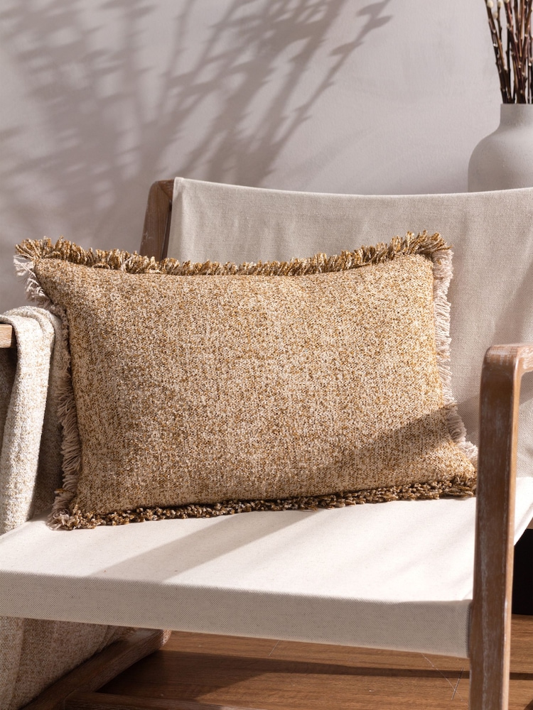 Yard Biscuit Brown Doze Woven Fringed Polyester Filled Cushion - Image 1 of 6