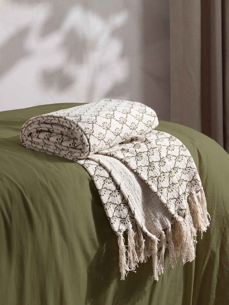 Yard Olive Green Saku Blossom Fringed 100% Cotton Throw - Image 1 of 4