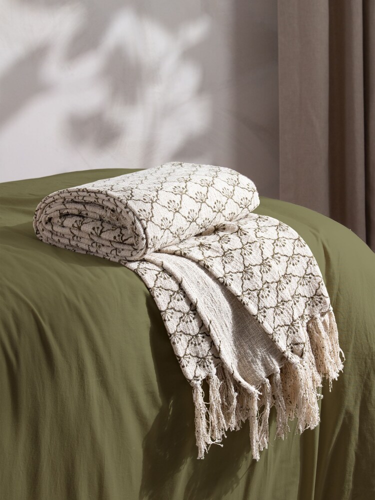 Yard Olive Green Saku Blossom Fringed 100% Cotton Throw - Image 1 of 4 Yard Olive Green Saku Blossom Fringed 100% Cotton Throw - Image 1 of 4