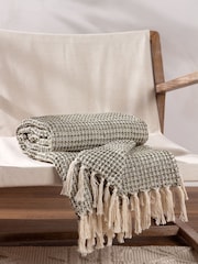 Yard Lichen Green Lorne Waffle Fringed 100% Cotton Throw - Image 1 of 4