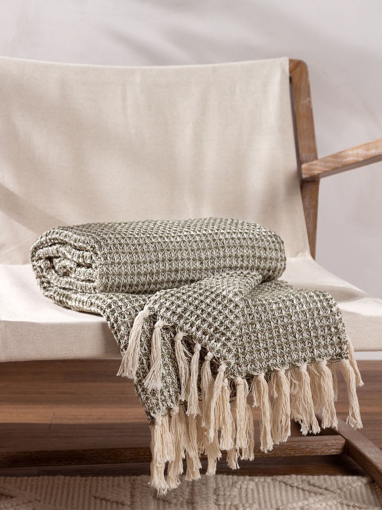 Yard Lichen Green Lorne Waffle Fringed 100% Cotton Throw - Image 1 of 4