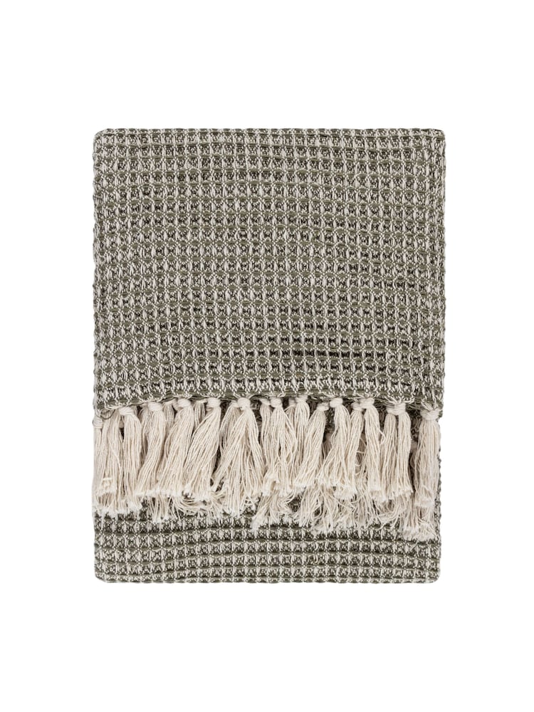 Yard Lichen Green Lorne Waffle Fringed 100% Cotton Throw - Image 2 of 4