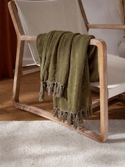 Yard Lichen Green Harri Herringbone Fringed 100% Cotton Throw - Image 1 of 4
