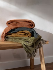 Yard Lichen Green Harri Herringbone Fringed 100% Cotton Throw - Image 2 of 4