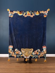 Wylder Blue Regal Leopard Embroidered Tasselled 100% Cotton Throw - Image 1 of 3