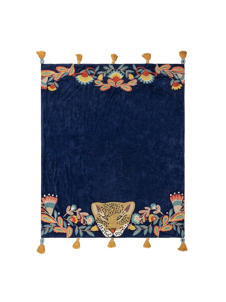 Wylder Blue Regal Leopard Embroidered Tasselled 100% Cotton Throw - Image 3 of 3 Wylder Blue Regal Leopard Embroidered Tasselled 100% Cotton Throw - Image 3 of 3
