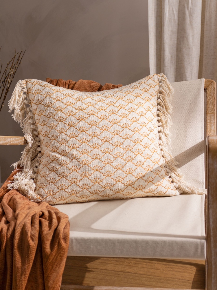 Yard Honey Yellow Saku Blossom Fringed Polyester Filled 100% Cotton Cushion - Image 1 of 7