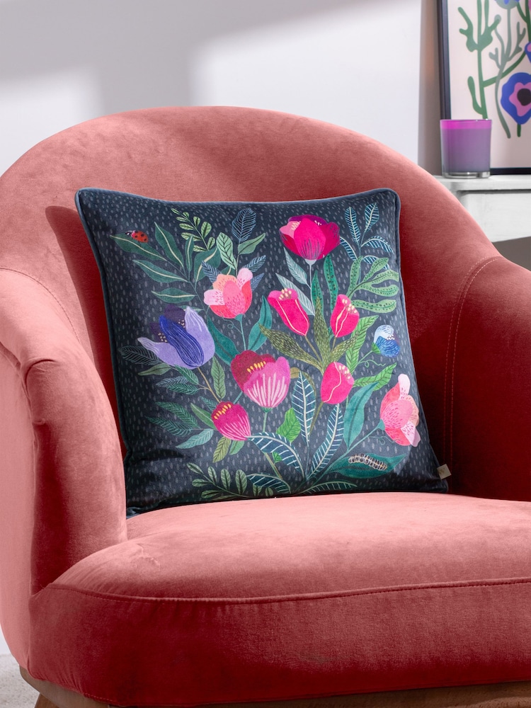 Wylder Nature Grey Wild Garden Posies Velvet Piped Feather Filled Cushion - Image 1 of 8