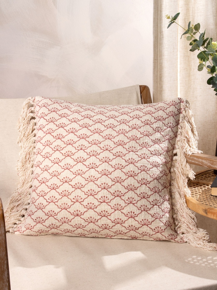 Yard Kilm Red Saku Blossom Fringed Feather Filled 100% Cotton Cushion - Image 1 of 7