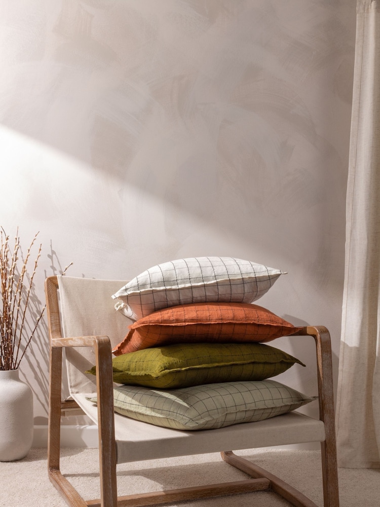 Yard Stone Beige 100% Linen Grid Check Feather Filled Cushion - Image 2 of 5