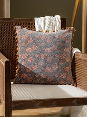 Paoletti Blue Marisa Floral 100% Cotton Velvet Polyester Filled Cushion - Image 1 of 7