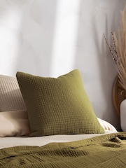 Yard Khaki Green Lark Muslin Crinkle 100% Cotton Feather Filled Cushion - Image 1 of 6