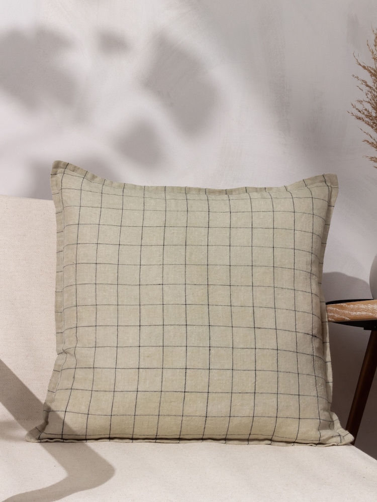 Yard Stone Beige 100% Linen Grid Check Polyester Filled Cushion - Image 1 of 6
