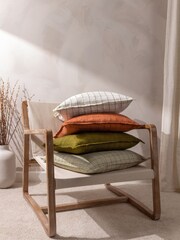 Yard Stone Beige 100% Linen Grid Check Polyester Filled Cushion - Image 2 of 6