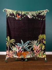 Wylder Black Midnight Jungle Velvet Tasselled 100% Cotton Throw - Image 1 of 3