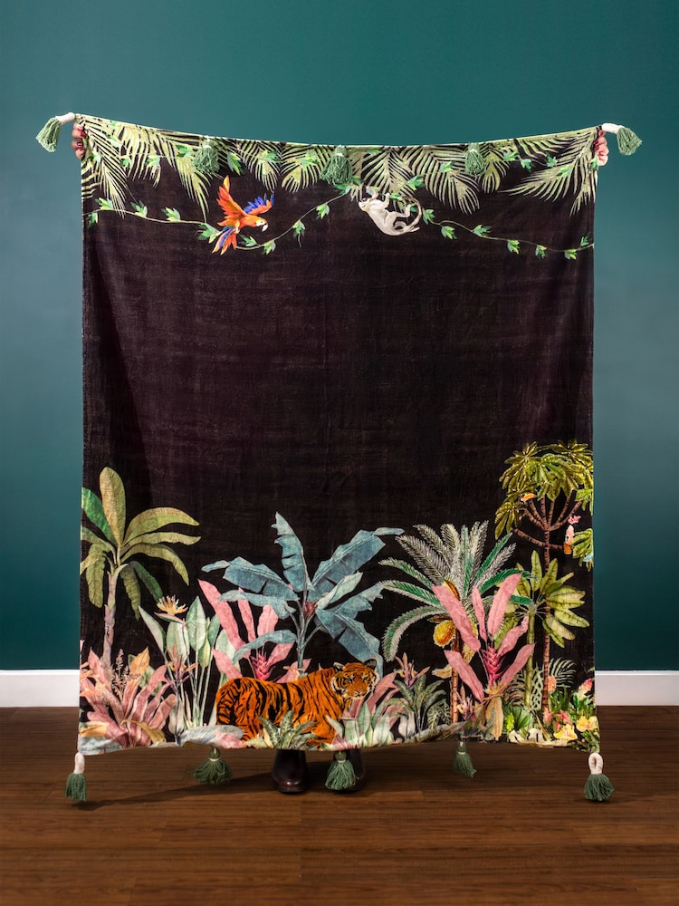 Wylder Black Midnight Jungle Velvet Tasselled 100% Cotton Throw - Image 1 of 3