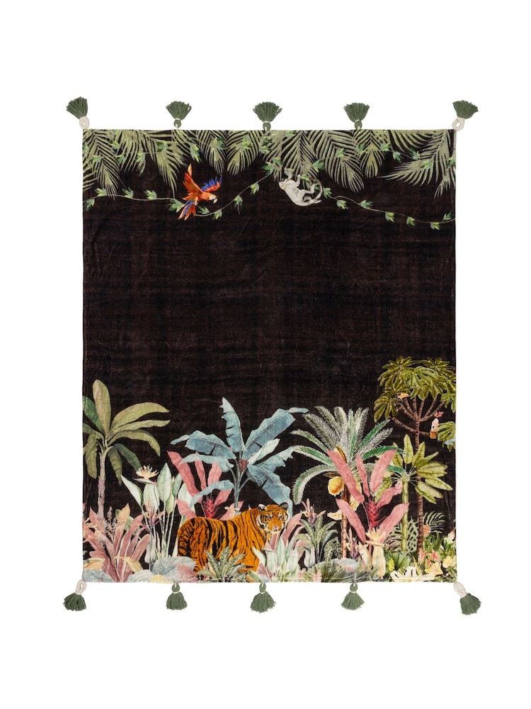 Wylder Black Midnight Jungle Velvet Tasselled 100% Cotton Throw - Image 3 of 3