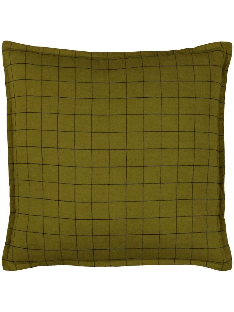 Yard Olive Green 100% Linen Grid Check Feather Filled Cushion - Image 1 of 5 Yard Olive Green 100% Linen Grid Check Feather Filled Cushion - Image 1 of 5