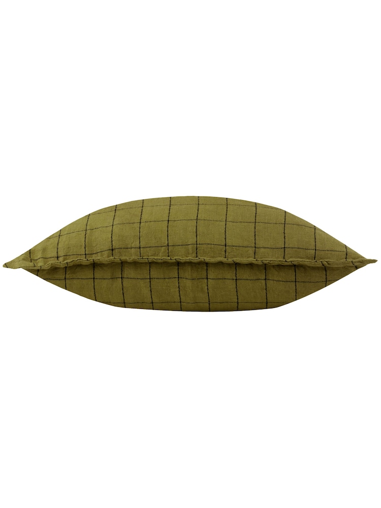 Yard Olive Green 100% Linen Grid Check Feather Filled Cushion - Image 2 of 5 Yard Olive Green 100% Linen Grid Check Feather Filled Cushion - Image 2 of 5
