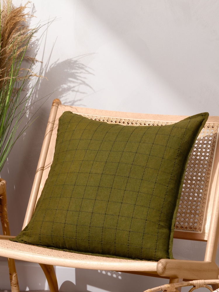 Yard Olive Green 100% Linen Grid Check Feather Filled Cushion - Image 4 of 5