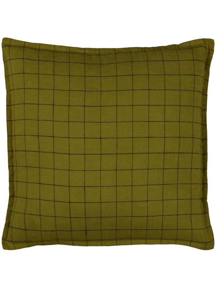 Yard Olive Green 100% Linen Grid Check Polyester Filled Cushion - Image 3 of 6