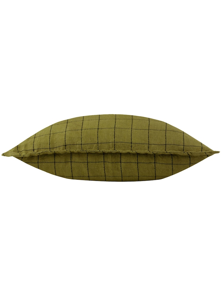 Yard Olive Green 100% Linen Grid Check Polyester Filled Cushion - Image 4 of 6