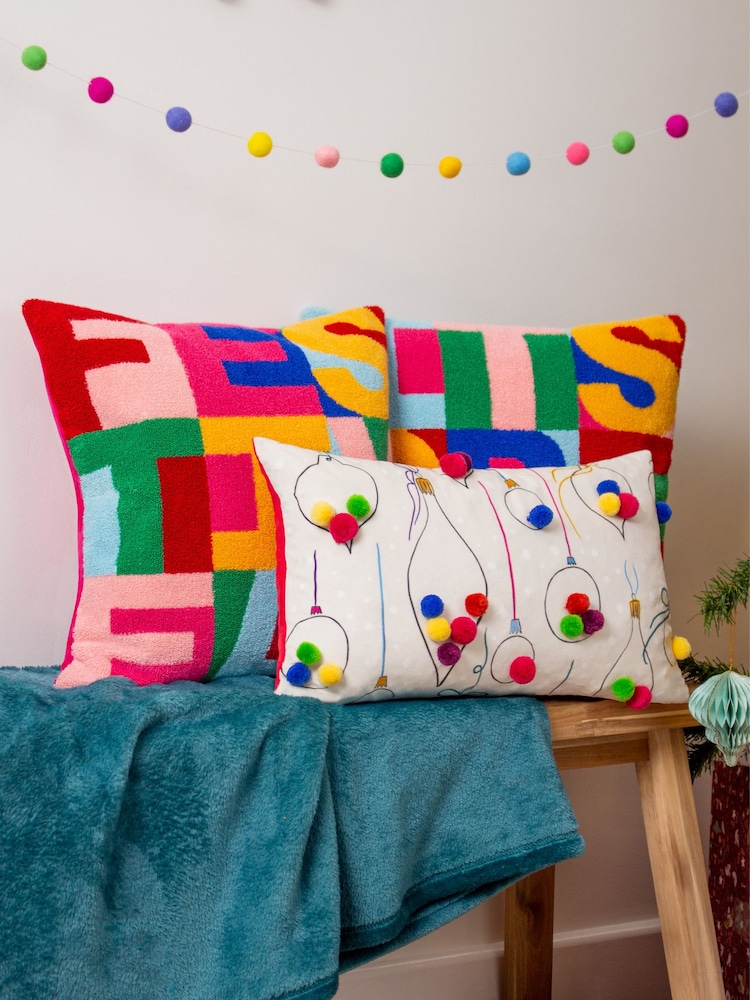 heya home Pink FestiveVal Festive Knitted Polyester Filled 100% Cotton Cushion - Image 2 of 7