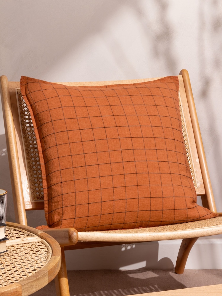 Yard Brick Red 100% Linen Grid Check Polyester Filled Cushion - Image 1 of 6 Yard Brick Red 100% Linen Grid Check Polyester Filled Cushion - Image 1 of 6