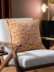 Paoletti Pink Filagree Floral 100% Cotton Velvet Feather Filled Cushion - Image 1 of 5