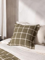 Yard Moss Green Beni Check Fringed Feather Filled 100% Cotton Cushion - Image 1 of 7