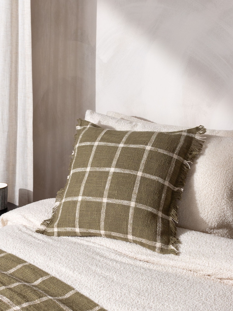 Yard Moss Green Beni Check Fringed Feather Filled 100% Cotton Cushion - Image 1 of 7