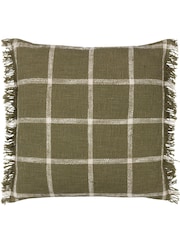 Yard Moss Green Beni Check Fringed Feather Filled 100% Cotton Cushion - Image 3 of 7