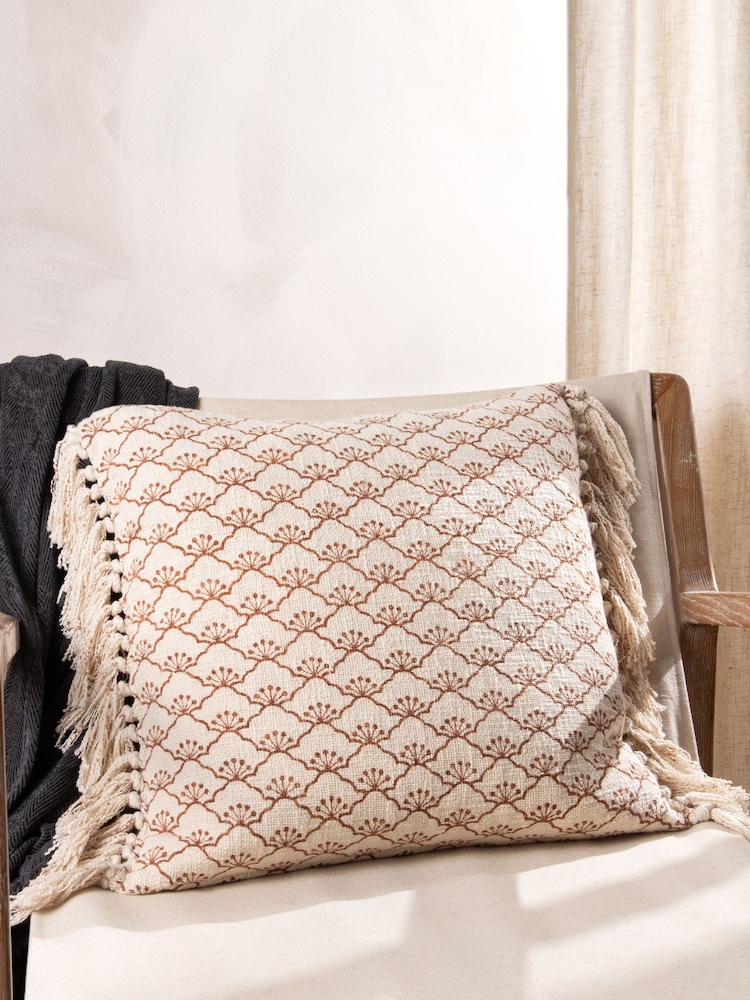 Yard Pecan Brown Saku Blossom Fringed Polyester Filled 100% Cotton Cushion - Image 1 of 7
