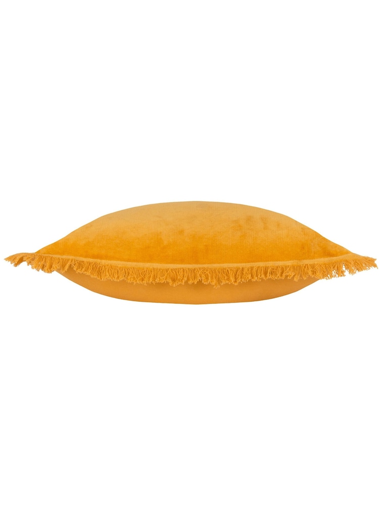 Furn Mustard 45 x 45cm Gracie 100% Cotton Velvet Fringed Polyester Filled Cushion - Image 4 of 5