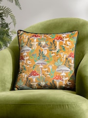 Wylder Nature Orange Wild Garden Mushroom Repeat Velvet Piped Polyester Cushion - Image 1 of 7