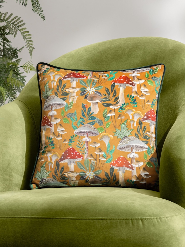 Wylder Nature Orange Wild Garden Mushroom Repeat Velvet Piped Polyester Cushion - Image 1 of 7