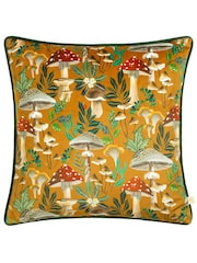 Wylder Nature Orange Wild Garden Mushroom Repeat Velvet Piped Polyester Cushion - Image 3 of 7