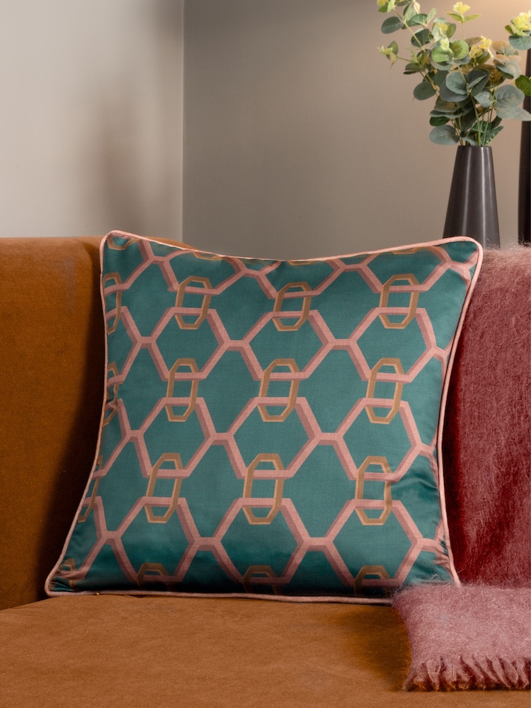 Paoletti Blue Carnaby Chain Geometric Satin Feather Filled Cushion - Image 1 of 5
