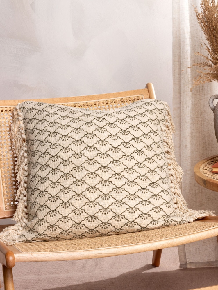Yard Olive Green Saku Blossom Fringed Polyester Filled 100% Cotton Cushion - Image 1 of 7