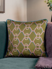 Paoletti Green Carnaby Chain Geometric Satin Feather Filled Cushion - Image 1 of 5