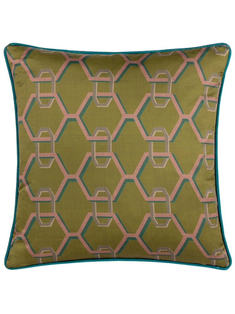 Paoletti Green Carnaby Chain Geometric Satin Feather Filled Cushion - Image 2 of 5